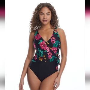BIRDSONG Polynesian Flattering Floral Wrap Underwire One-Piece Swimsuit